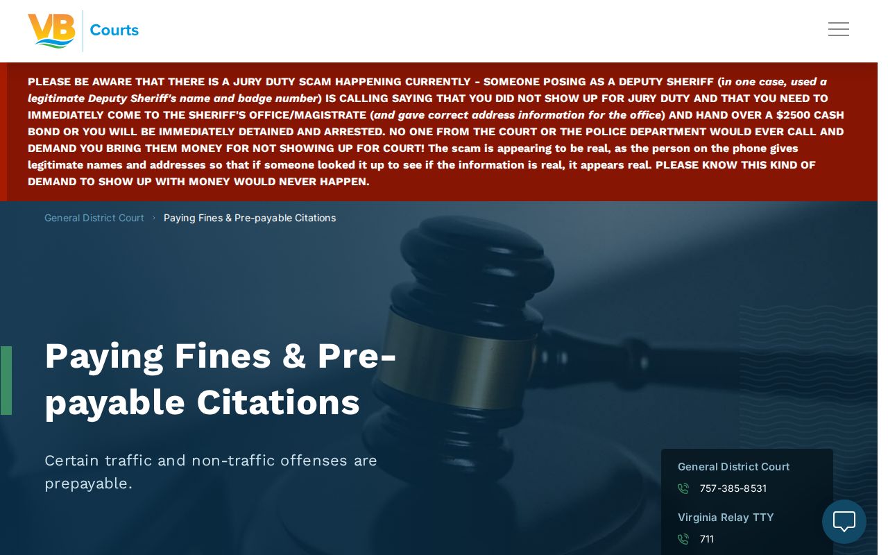 Virginia Beach City traffic warrant records: eligible citation prepayment page