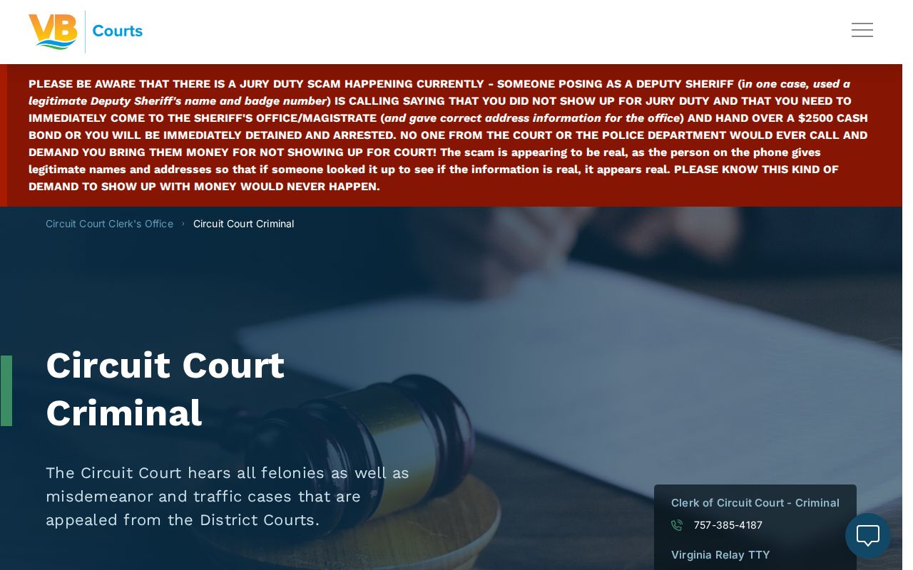 Virginia Beach City warrant records: Circuit Court criminal clerk duties