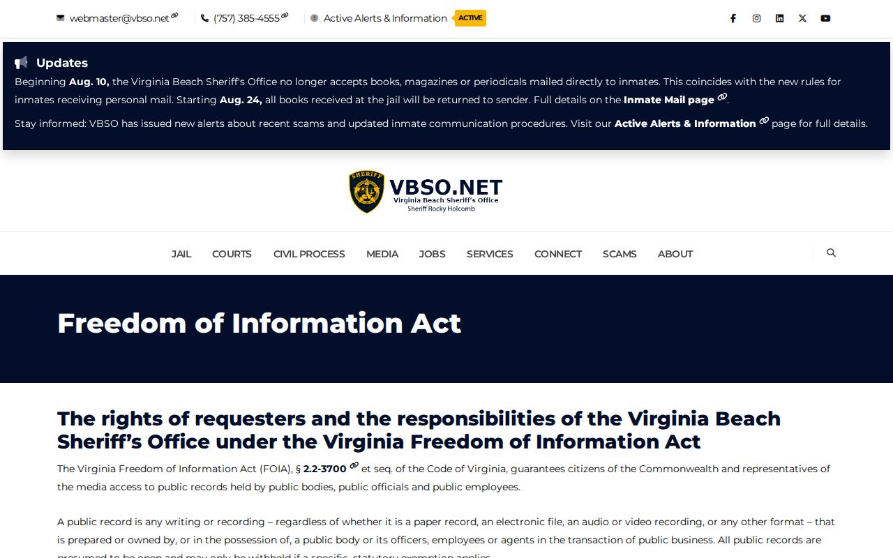 Virginia Beach City warrant search: Sheriff records request page