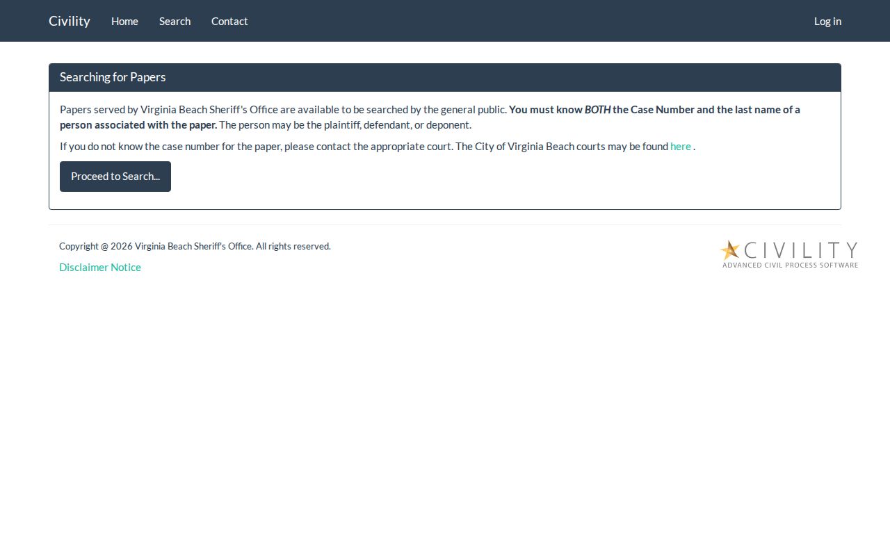 Virginia Beach City warrant records: civil process lookup fields